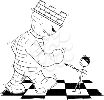Cartoon stick figure drawing conceptual illustration of black chess game pawn endangered by giant root or tower on chessboard.