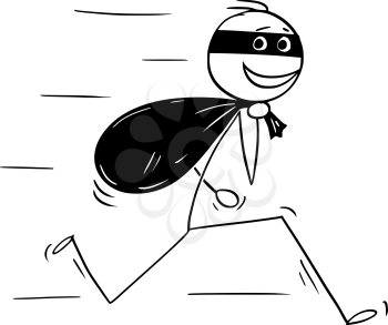 Cartoon stick figure drawing conceptual illustration of smiling thief running with bag of loot.