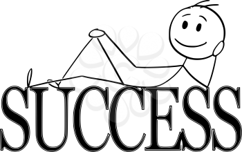 Cartoon stick figure drawing conceptual illustration of happy and positive man lying on big letters or text saying success.