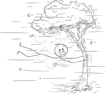 Cartoon stick figure drawing conceptual illustration of man holding tree trunk and flying in wind or windstorm.