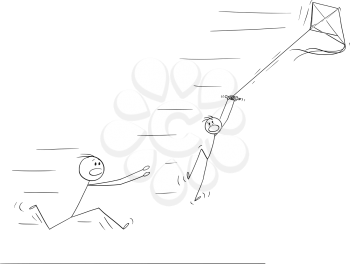 Vector cartoon stick figure drawing conceptual illustration of boy flying kite and flying away in strong wind. Father is running to save him.