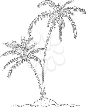 Vector cartoon illustration or drawing of two palm trees growing on small island in center of ocean.