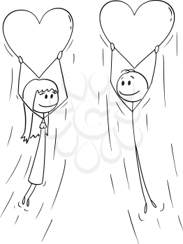 Vector cartoon stick figure drawing conceptual illustration of couple of woman and man in love holding big inflatable heart balloon and flying together.