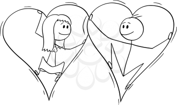 Vector cartoon stick figure drawing conceptual illustration of couple of man and woman in love trapped inside of big hearts.