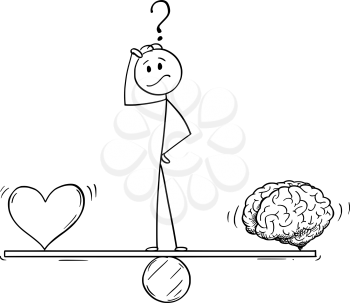 Vector cartoon stick figure drawing conceptual illustration of man or businessman thinking and standing on seesaw and balancing heart and brain as emotion and logic metaphor.