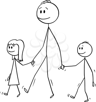 Vector cartoon stick figure drawing conceptual illustration of man o father or dad together with small girl and boy or daughter and son. They are walking and holding hands.