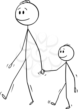 Vector cartoon stick figure drawing conceptual illustration of man o father or dad together with small boy or son. They are walking and holding hands.