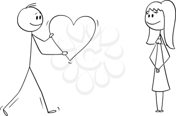 Vector cartoon stick figure drawing conceptual illustration of man or boy giving bog romantic heart to girl or woman on date. Declaration or confession of love.