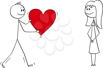 Vector cartoon stick figure drawing conceptual illustration of man or boy giving bog romantic red heart to girl or woman on date. Declaration or confession of love.