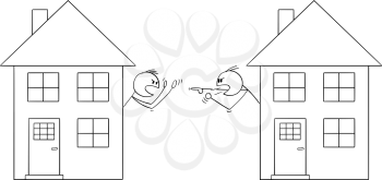 Vector cartoon stick figure drawing conceptual illustration of two men or neighbors looking from window of family houses and arguing or having fight.