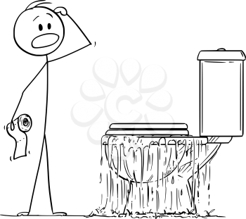 Vector cartoon stick figure drawing conceptual illustration of stressed man looking at overflowing toilet in bedroom and thinking what to do with the problem.