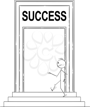 Vector cartoon stick figure drawing conceptual illustration of confident man or businessman walking through big door with Success sign and entering building as metaphor of future.