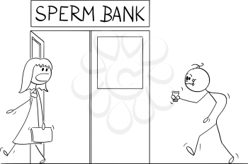 Vector cartoon stick figure drawing conceptual illustration of ugly and deformed man walking in sperm bank with cup of sperm to test it or sell it. Fertilized woman is shocked.
