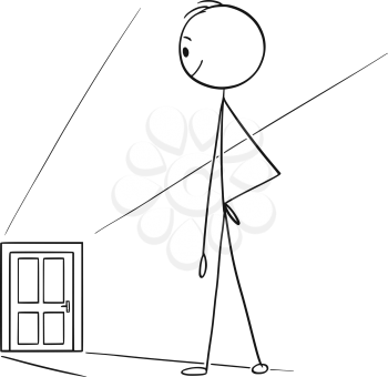 Vector cartoon stick figure drawing conceptual illustration of man or businessman watching door in far as opportunity or challenge metaphor.
