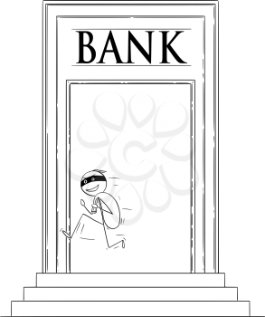 Vector cartoon stick figure drawing conceptual illustration of robber or man in mask running away from bank building with stolen bag of dollars or cash money.