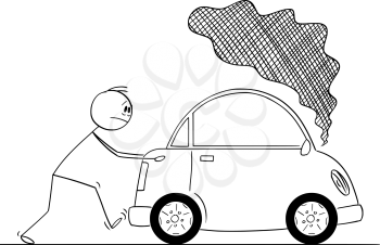 Vector cartoon stick figure drawing conceptual illustration of man pushing broken car with smoke coming from the engine.