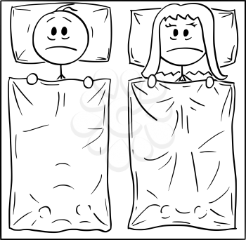 Vector cartoon stick figure drawing conceptual illustration of couple lying in bed, man and woman can't sleep, thinking about sexual problem or suffering insomnia.