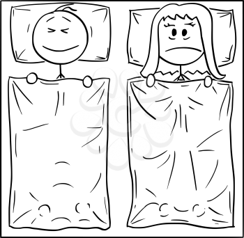 Vector cartoon stick figure drawing conceptual illustration of couple lying in bed, man is sleeping, woman can't sleep, thinking about problem or suffering insomnia.