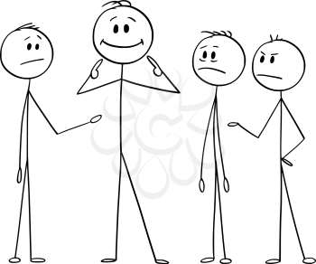 Vector cartoon stick figure drawing conceptual illustration of man or businessman pointing on yourself as the best part of the team. Business concept of arrogance, individuality and egoism.