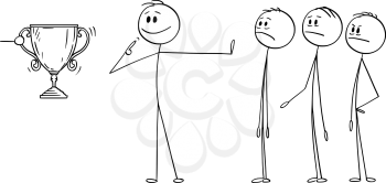 Vector cartoon stick figure drawing conceptual illustration of man or businessman claiming merit or contribution or reward trophy instead of the whole team. Business concept of arrogance, individuality and egoism.