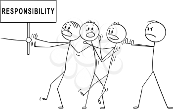 Vector cartoon stick figure drawing conceptual illustration of man or businessman or manager accusing rest of the team from failure responsibility.