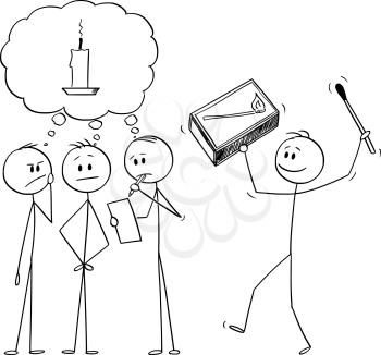 Vector cartoon stick figure drawing conceptual illustration of team of businessmen brainstorming brainstorming and looking for idea. Another man is bringing box of matches and metaphor of idea.