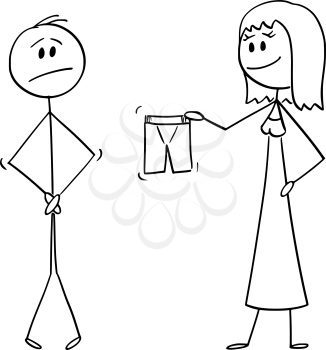 Vector cartoon stick figure drawing conceptual illustration of naked man hiding his genitals or crotch, and smiling woman offering or giving him shorts or boxers to cover or dress yourself.