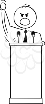 Vector cartoon stick figure drawing conceptual illustration of rude aggressive man or politician speaking or having speech to public or followers on podium or behind lectern.