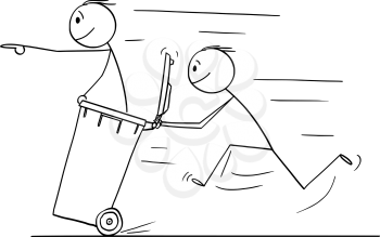 Vector cartoon stick figure drawing conceptual illustration of man or businessman pushing another man in wheelie bin.