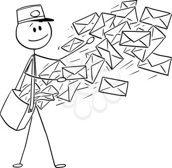 Vector cartoon stick figure drawing conceptual illustration of postman sending post or mail envelopes.