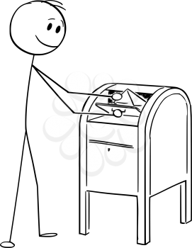 Vector cartoon stick figure drawing conceptual illustration of man dropping letter or envelope in the mail or post box.