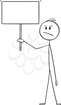 Vector cartoon stick figure drawing conceptual illustration of angry man or businessman holding empty or blank sign ready for your text.