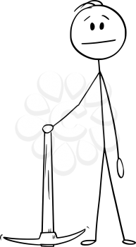 Vector cartoon stick figure drawing conceptual illustration of man or construction worker or digger holding pick or pickax or pickaxe.