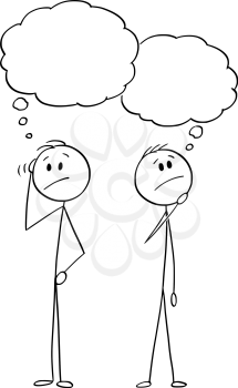 Vector cartoon stick figure drawing conceptual illustration of two men or businessmen thinking about problem solution or something. With empty speech bubbles ready to add your text.