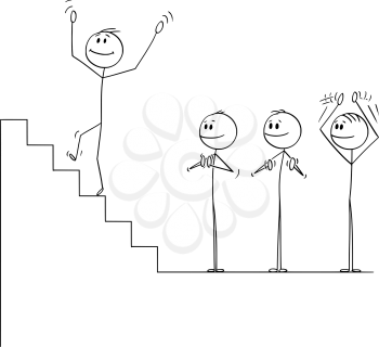 Vector cartoon stick figure drawing conceptual illustration of businessman climbing up the stairs to fall down to abyss, while business team is applauding and clapping.