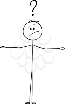 Vector cartoon stick figure drawing conceptual illustration of man or businessman balancing two things on his hands and thinking about. There is empty space for your texts.