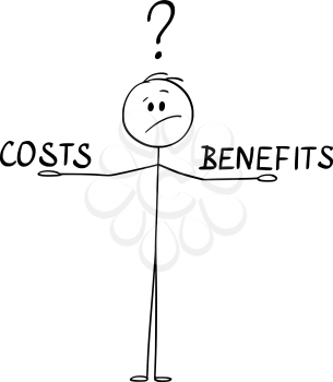 Vector cartoon stick figure drawing conceptual illustration of man or businessman balancing costs and benefits on his hands and thinking about.