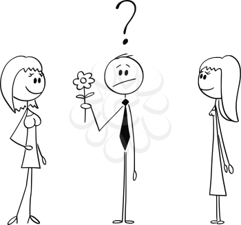 Vector cartoon stick figure drawing conceptual illustration of man going on date, holding flower and deciding between two girls or women.