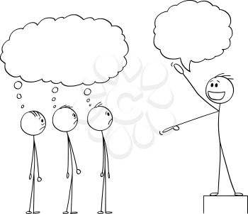 Vector cartoon stick figure drawing conceptual illustration of enthusiastic man, business leader or boss or manager talking to group or team of employee or crowd. They are thinking something about him.