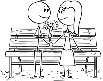 Cartoon stick drawing conceptual illustration of romantic couple sitting on park bench or seat, man is giving flowers to woman.