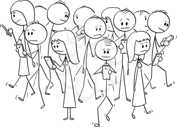 Vector cartoon stick figure drawing conceptual illustration of group of people or pedestrians walking on the street and using mobile phones or cell phones.