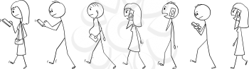 Vector cartoon stick figure drawing conceptual illustration of set of group of people or pedestrians walking on the street and using mobile phones or cell phones.