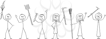 Vector cartoon stick figure drawing conceptual illustration of set of angry mob characters with torch and tools like pitchfork as weapons.
