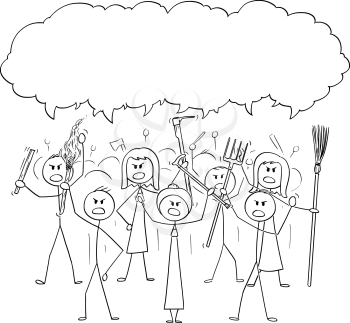 Vector cartoon stick figure drawing conceptual illustration of angry mob characters with torch and tools like pitchfork as weapons. Empty speech bubble ready for your text.