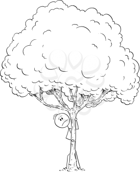 Vector cartoon stick figure drawing conceptual illustration of fearful or worried or afraid or curious man hiding behind tree.