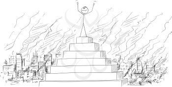 Vector cartoon stick figure drawing conceptual illustration of man or businessman or politician celebrating his victory or triumph on the peak of pyramid, with destroyed city in fire on background.