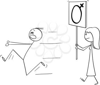 Vector cartoon stick figure drawing conceptual illustration of woman or feminist walking or manifesting with female gender symbol on sign. Man is running away in panic.
