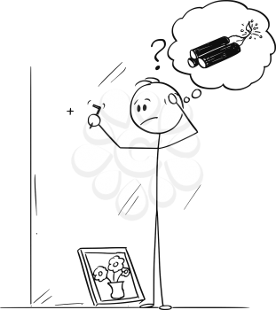 Vector cartoon stick figure drawing conceptual illustration of clumsy or awkward man thinking about explosives, when trying to figure how to hammer a hook for framed painting.