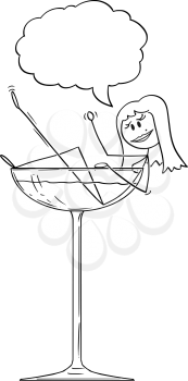 Vector cartoon stick figure drawing conceptual illustration of burlesque sexy seductive woman taking bath in big cocktail glass.