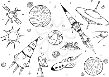 Set of cartoon vector drawings of space props like rockets, alien space ships or spaceships, UFO, planets and satellites.